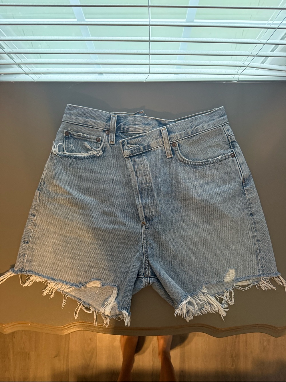 Agolde Light Blue Distressed High-Waist Denim Shorts
